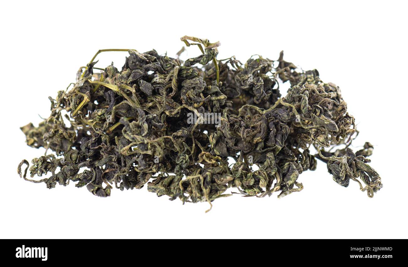 Trockenes gynostemma pentaphyllum-Blatt isoliert auf weißem schwarzen Grund. Jiaogulan oder Wundergras. Chinesischer Kräutertee. Stockfoto