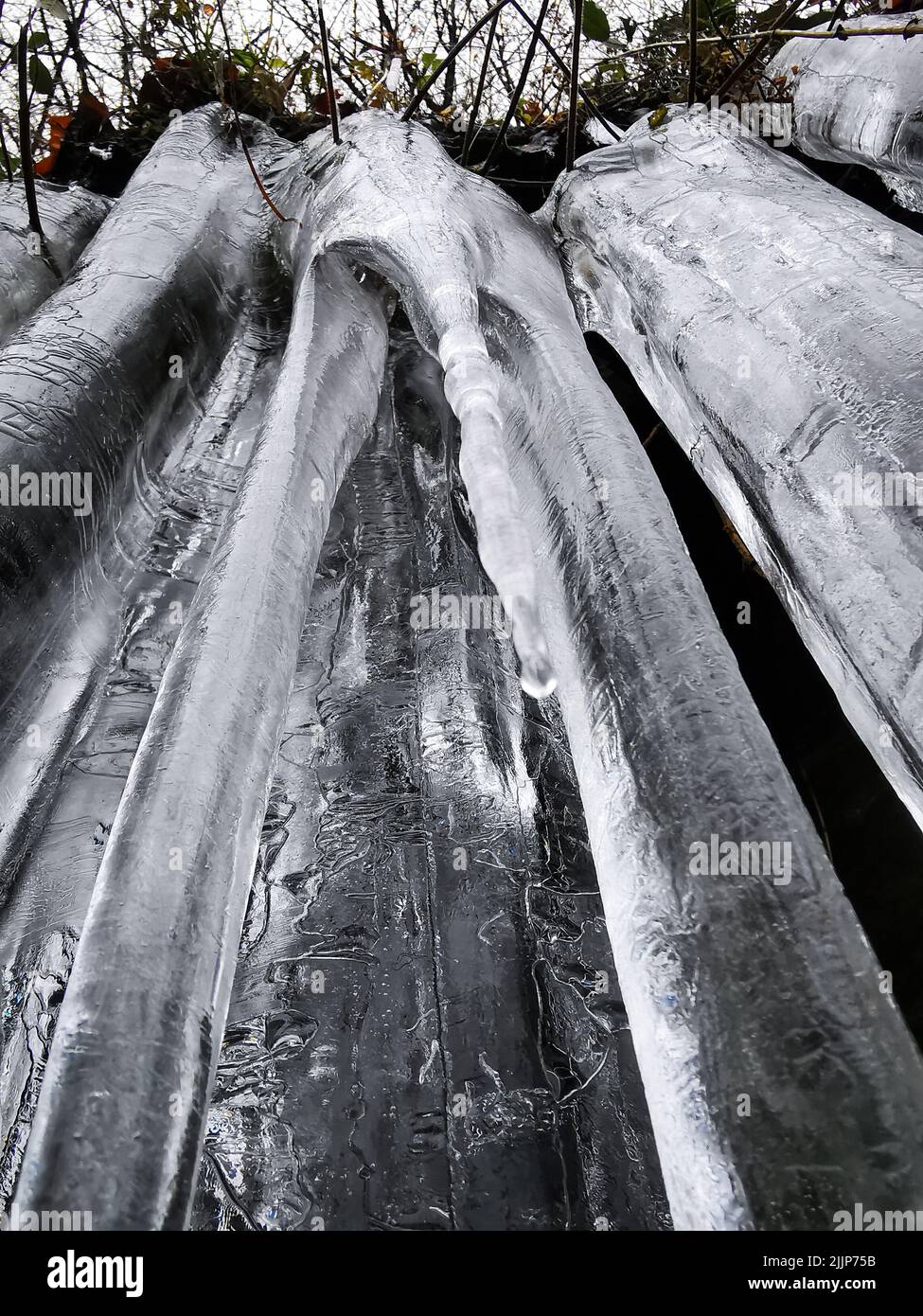 Eine vertikale Aufnahme von großen Eisblöcken in einem Wald Stockfoto