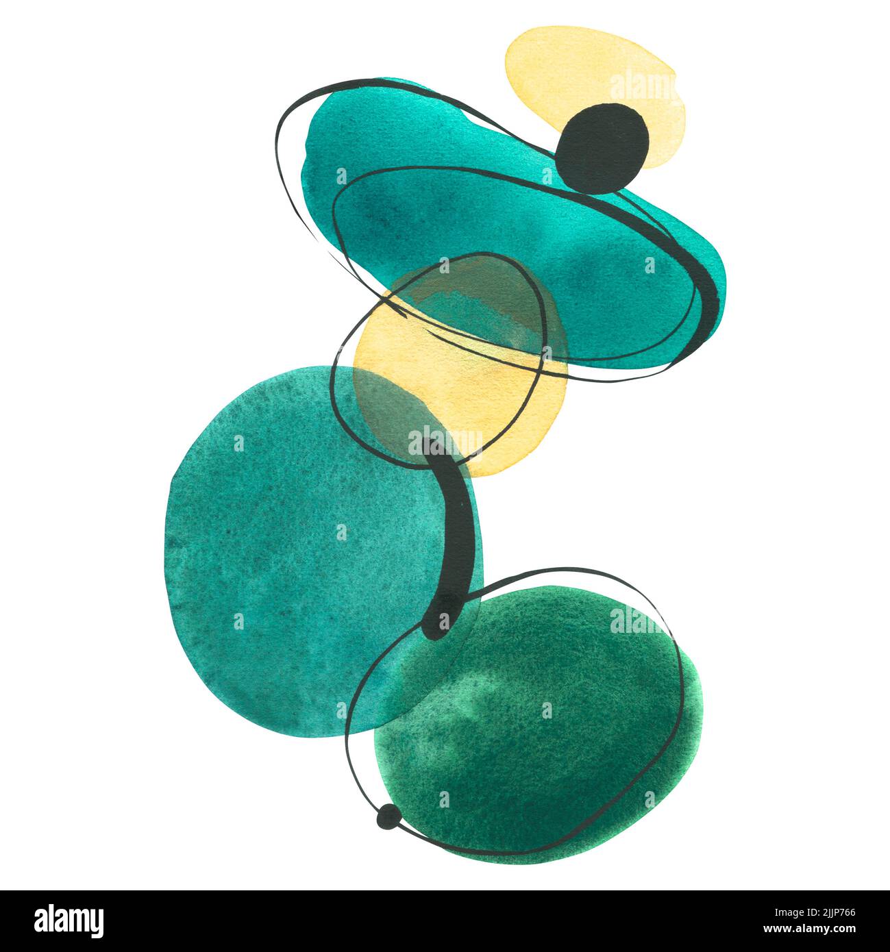 Aquarell-Spots mit grafischen Elementen in Blau, Türkis und Gelb. Abstrakte Komposition. Für die Gestaltung und Dekoration von Postern, Postkarten Stockfoto