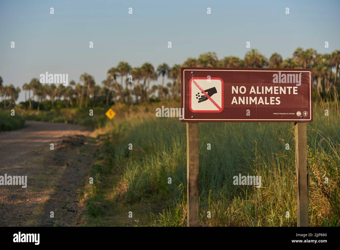 Dec 31, 2021, El Palmar National Park, Entre Rios, Argentinien: Schild an der Seite einer unbefestigten Straße mit der Meldung nicht füttern Tiere Konzepte: ecologica Stockfoto