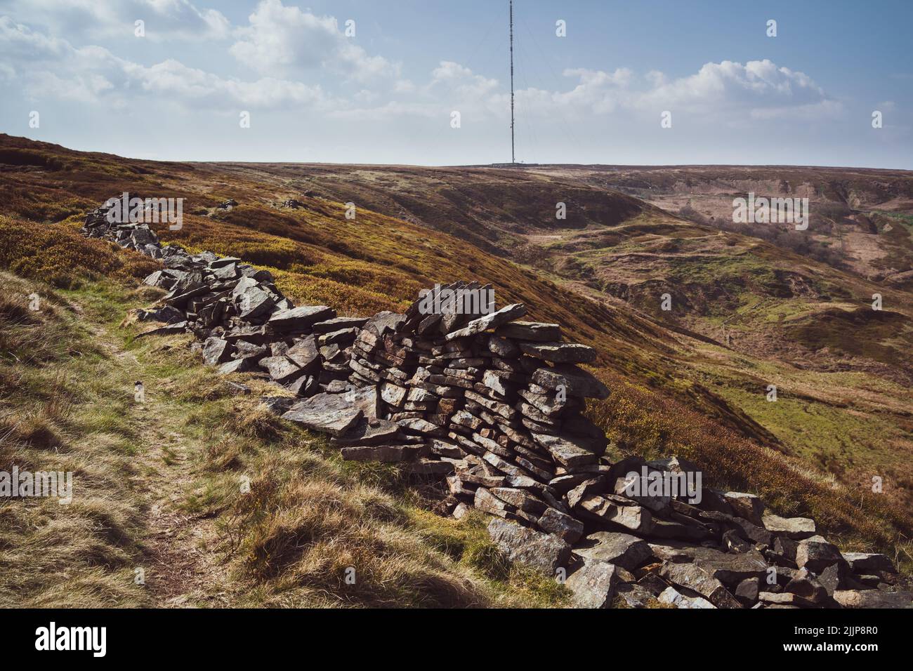 Der Holme Moss Gipfelpfad rund um das Yateholme Reservoir vom Gipfel im Nationalpark, England Stockfoto
