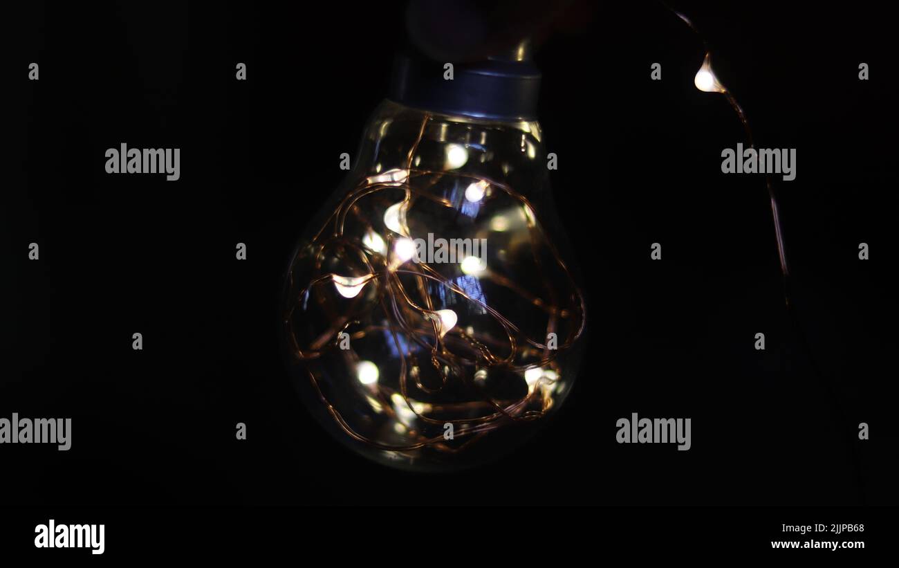 Eine LED-Fee leuchtet in einer Glühbirne auf dunklem Hintergrund Stockfoto