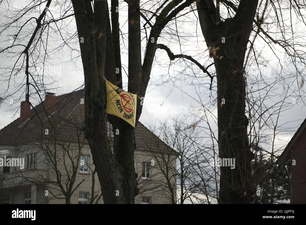 Zwischen Bäumen hängt ein Banner der Umweltbewegung „Extinction Rebellion“. Stockfoto