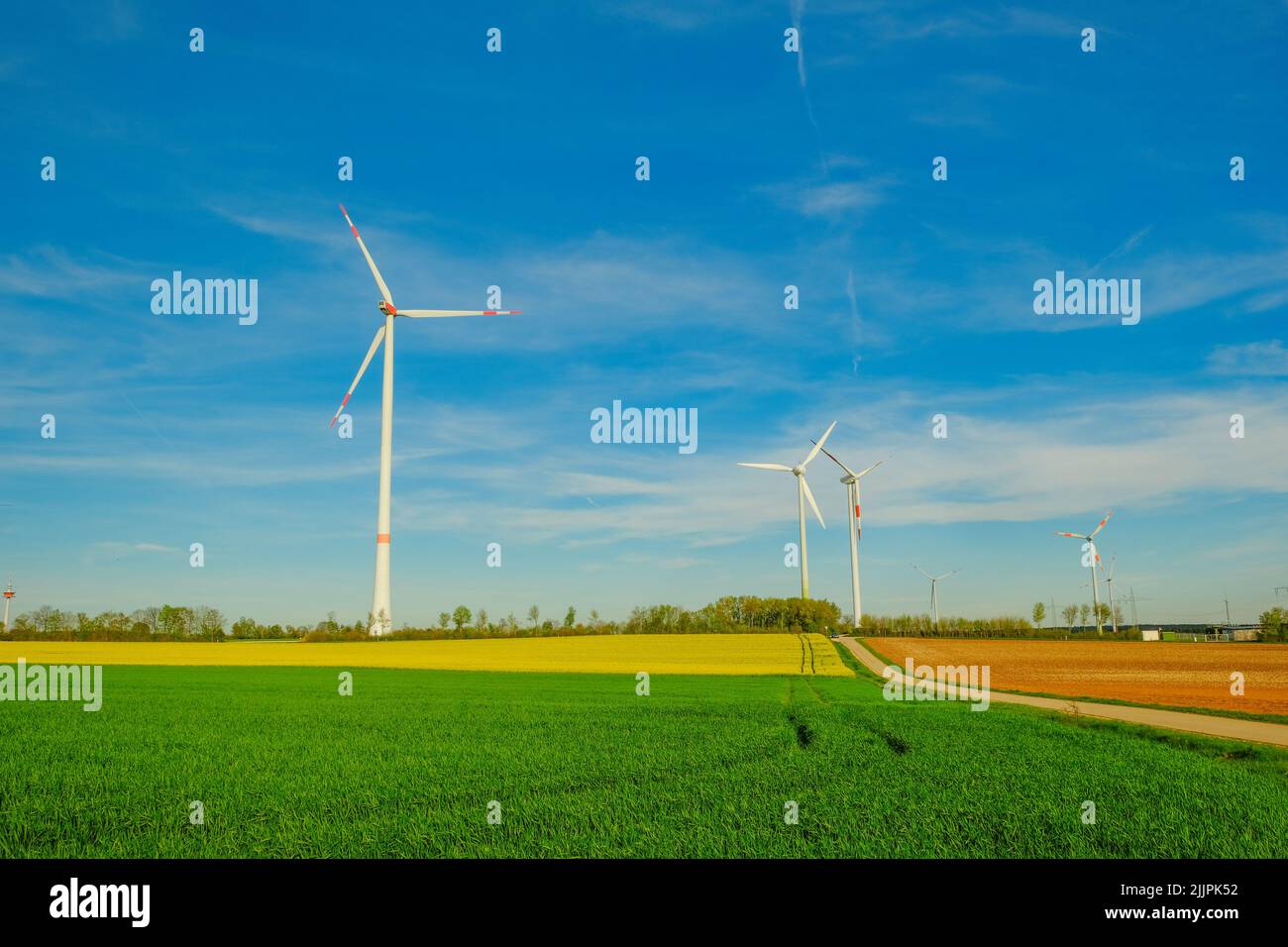 Wind erneuerbare Energie.Windmühlen in einem Feld auf einem blauen Himmel Hintergrund.Windgeneratoren. Natürliche Energie.Alternative Energiequellen.natürliche erneuerbare Reinigung Stockfoto