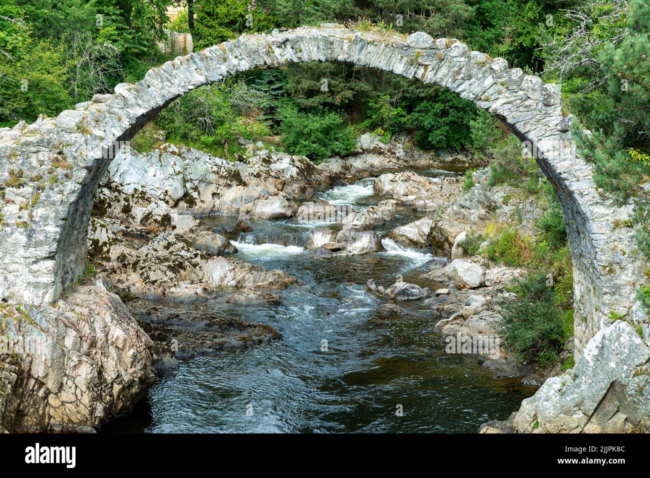 Carrbridge Scotland, historisches Dorf im Cairngorms National Park mit der ältesten Steinbrücke im Hochland, River dulnain Running, Schottland, Großbritannien Stockfoto