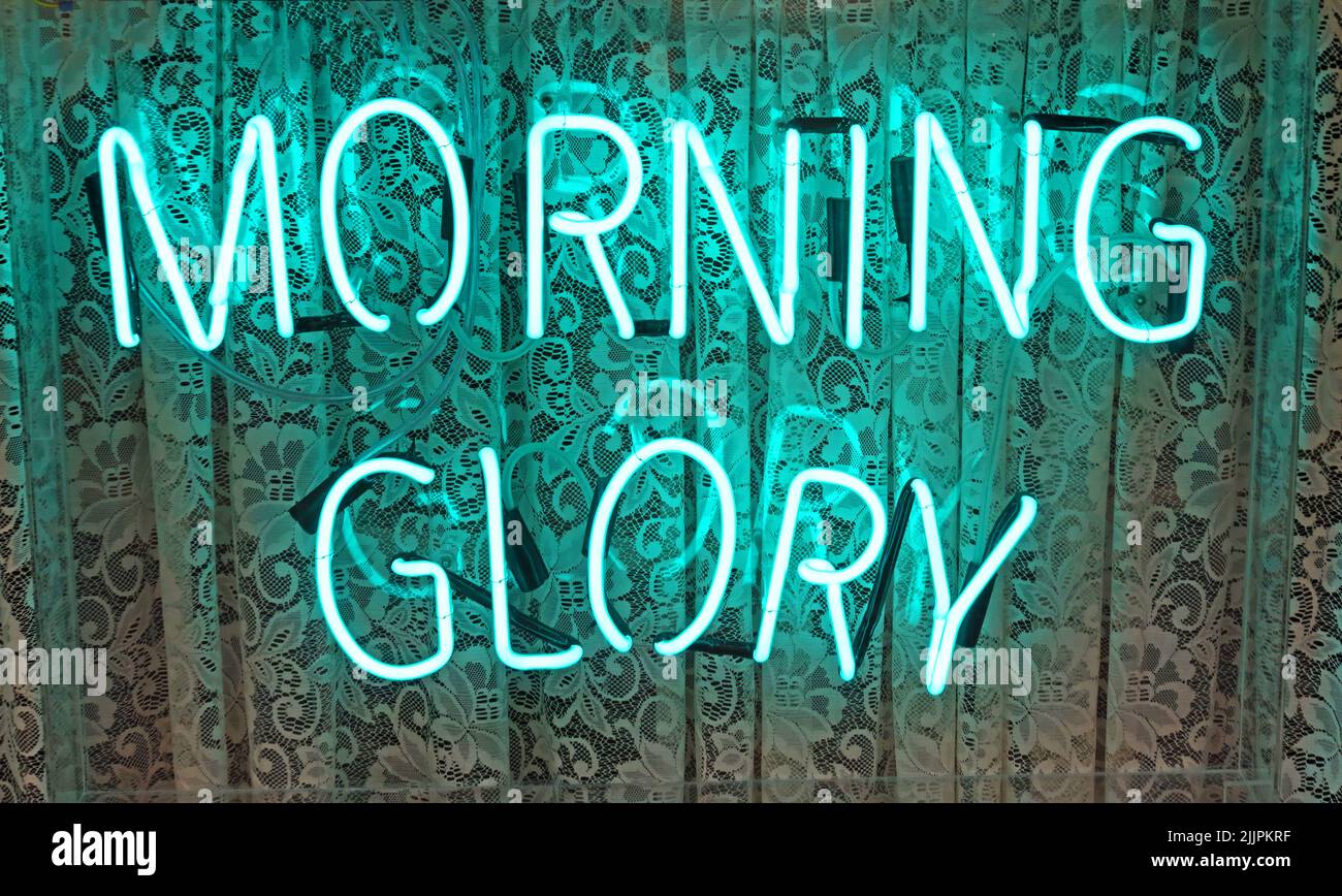 Oasis, Morning Glory Neonschild, Berwick Street, SOHO, London, England, VEREINIGTES KÖNIGREICH Stockfoto