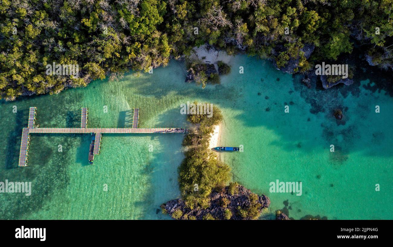 Luftaufnahme von Anlegesteg und Mangroven, Baer Island, Kei Islands, Maluku Province, Indonesien Stockfoto