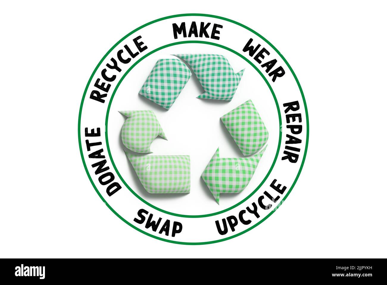 Kreisförmige Mode, machen, tragen, reparieren, upcycle, Tauschen, spenden, recyceln mit Stoffrecycling Icon nachhaltiges Modekonzept Stockfoto