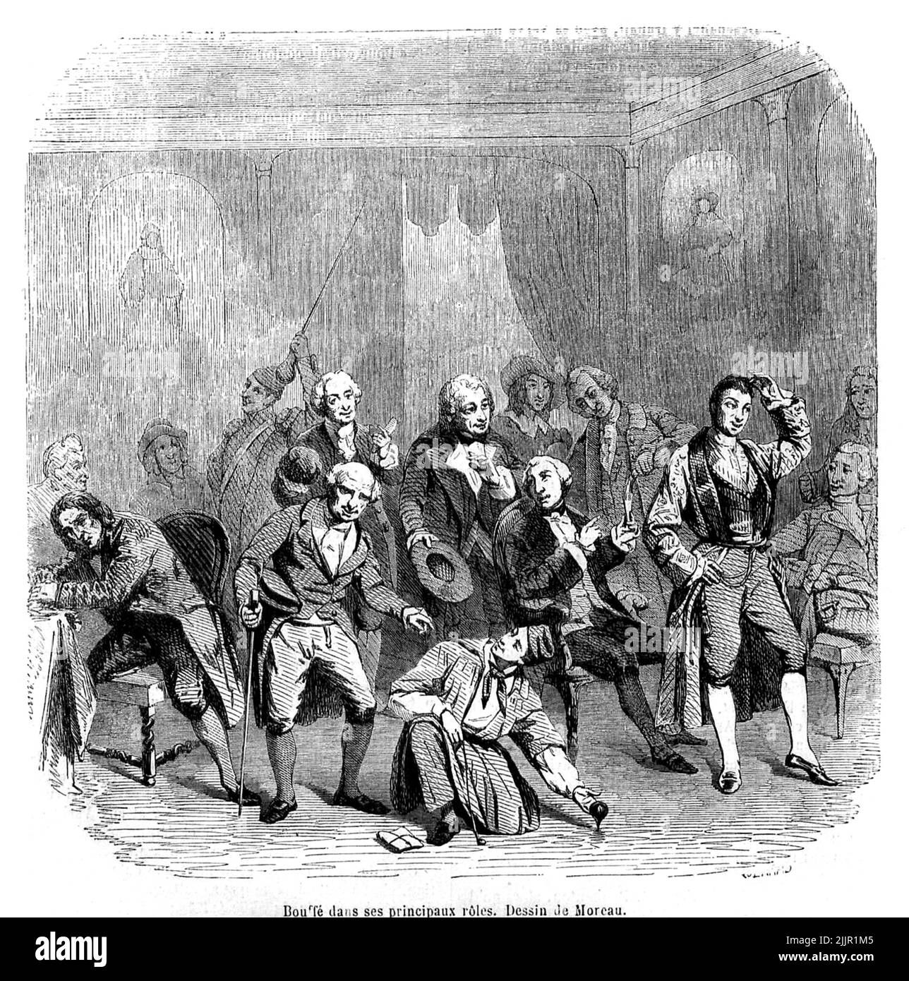1865 c., Paris, FRANKREICH: Der französische Schauspieler und Dramatiker Hugues Bouffé ( 1800 - 1888) porträtierte in allen seinen gefeierten Rollen seiner Karriere am THEATER DE LA GAITE in Paris. Gravurillustration nach Originalentwurf von MOREAU. - Hugues-Désiré-Marie BOUFFE - ATTORE TEATRALE - TEATRO - THEATER - DRAMMATURGO - PLAYWRITER - COMMEDIOGRAFO - PORTRAIT - RITRATTO - GESCHICHTE - FOTO STORICHE - illustrazione - incisione --- Archivio GBB Stockfoto