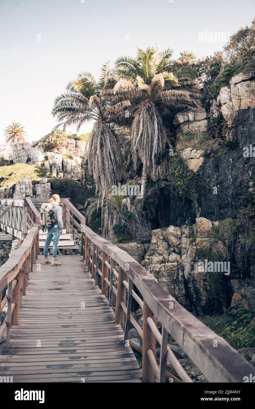 Eine vertikale Aufnahme einer Frau, die auf einer Promenade, umgeben von tropischen Bäumen und Klippen, läuft Stockfoto