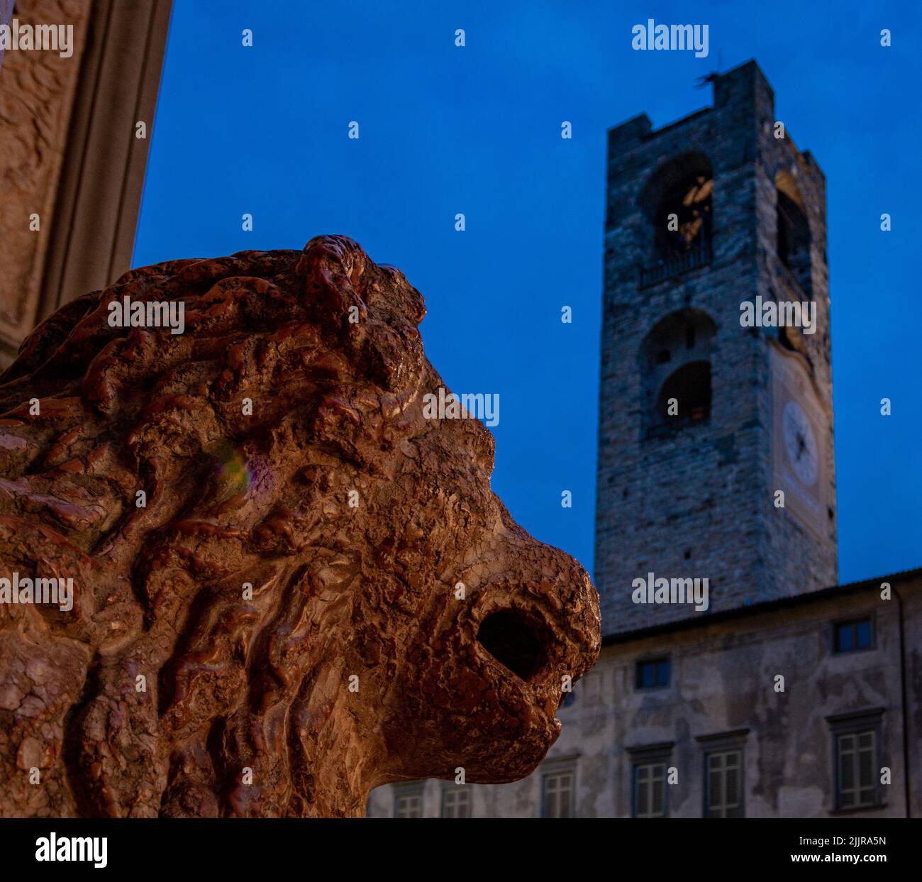 Eine Nahaufnahme der Löwenstatue in der Nähe des Civic Tower in Bergamo, Italien Stockfoto