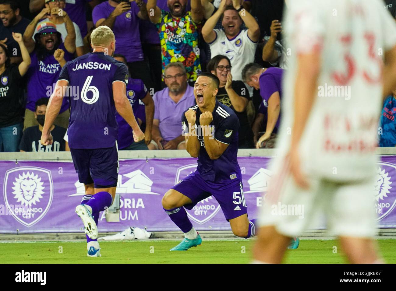 Orlando, Florida, USA, 27. Juli 2022, Orlando City SC Mittelfeldspieler Cesar Araujo #5 reagiert nach einem Treffer bei den US Open Cup Halbfinals im Exploria Stadium. (Foto: Marty Jean-Louis) Stockfoto