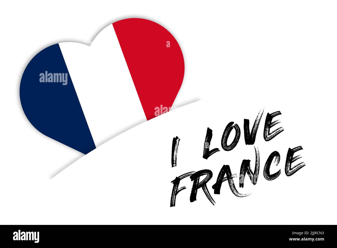 Eine Illustration von I Love France mit einem herzförmigen Zeichen einer Flagge auf weißem Hintergrund Stockfoto