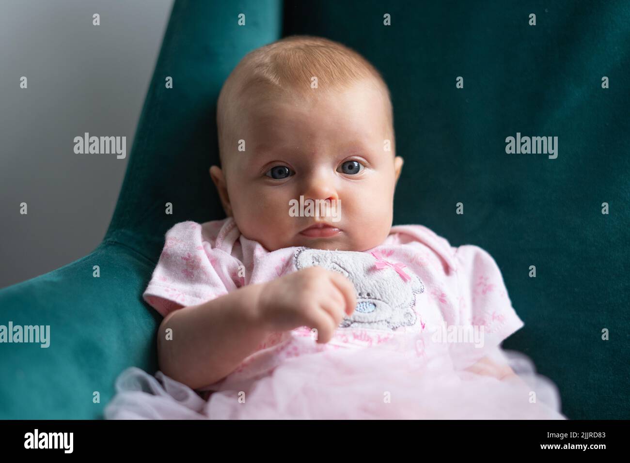 Eine Nahaufnahme eines entzückenden Mädchens, das in einem niedlichen rosa Kleid auf einem smaragdgrünen Stuhl ruht Stockfoto