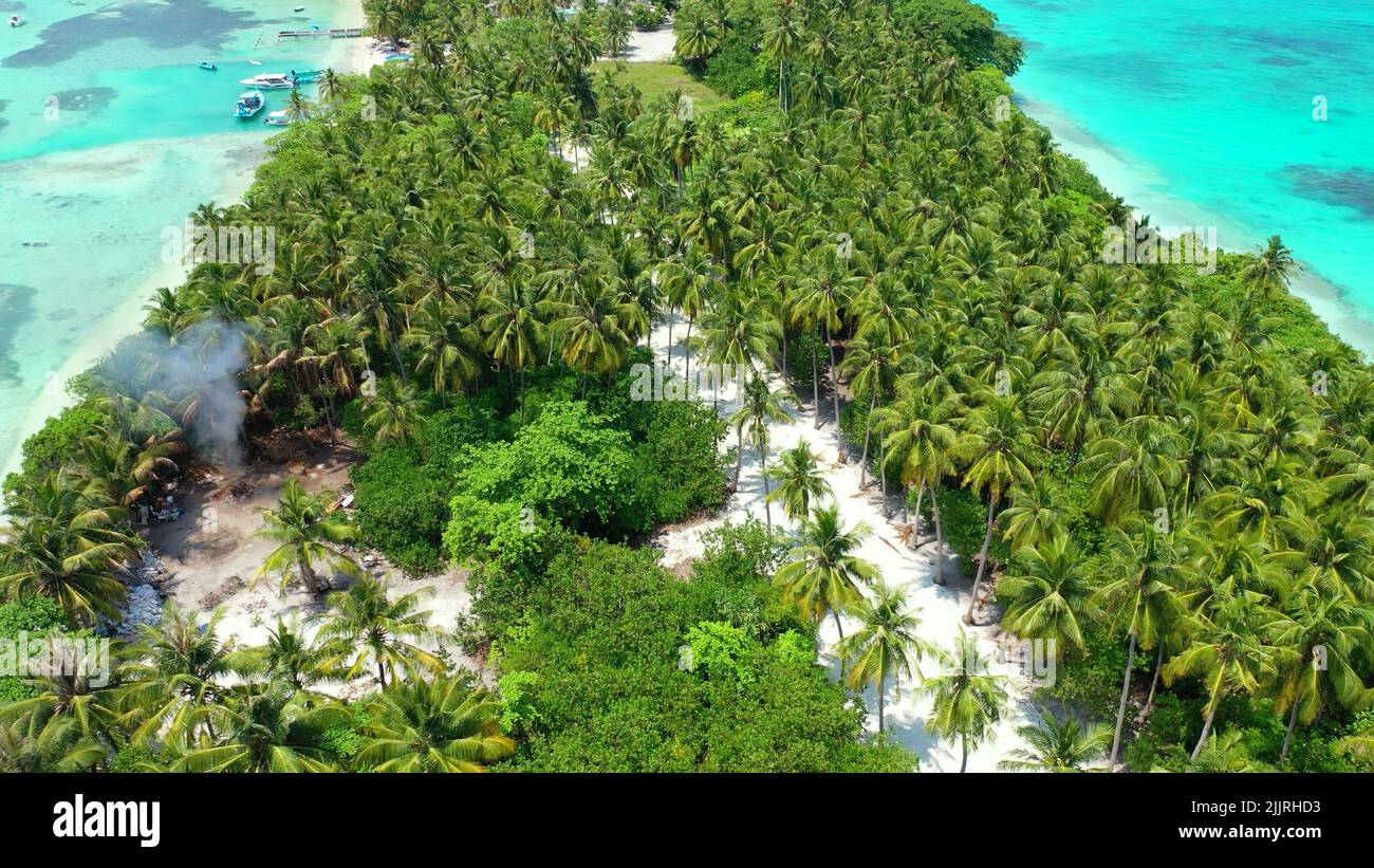 Eine Drohnenaufnahme einer unberührten Insel mit Palmen auf den Malediven Stockfoto