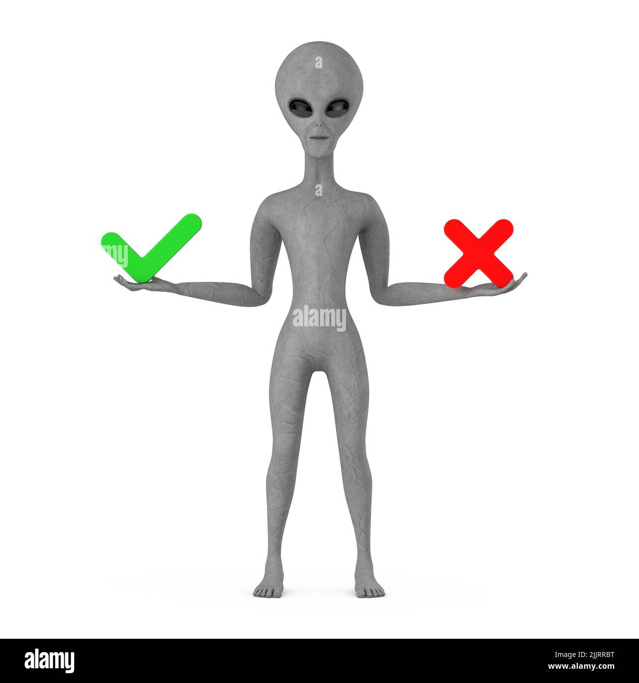 Scary Grey Humanoid Alien Cartoon Charakter Person Maskottchen mit rotem Kreuz und grünem Häkchen, bestätigen oder verweigern, Ja oder Nein Symbol Zeichen auf einem weißen Hintergro Stockfoto