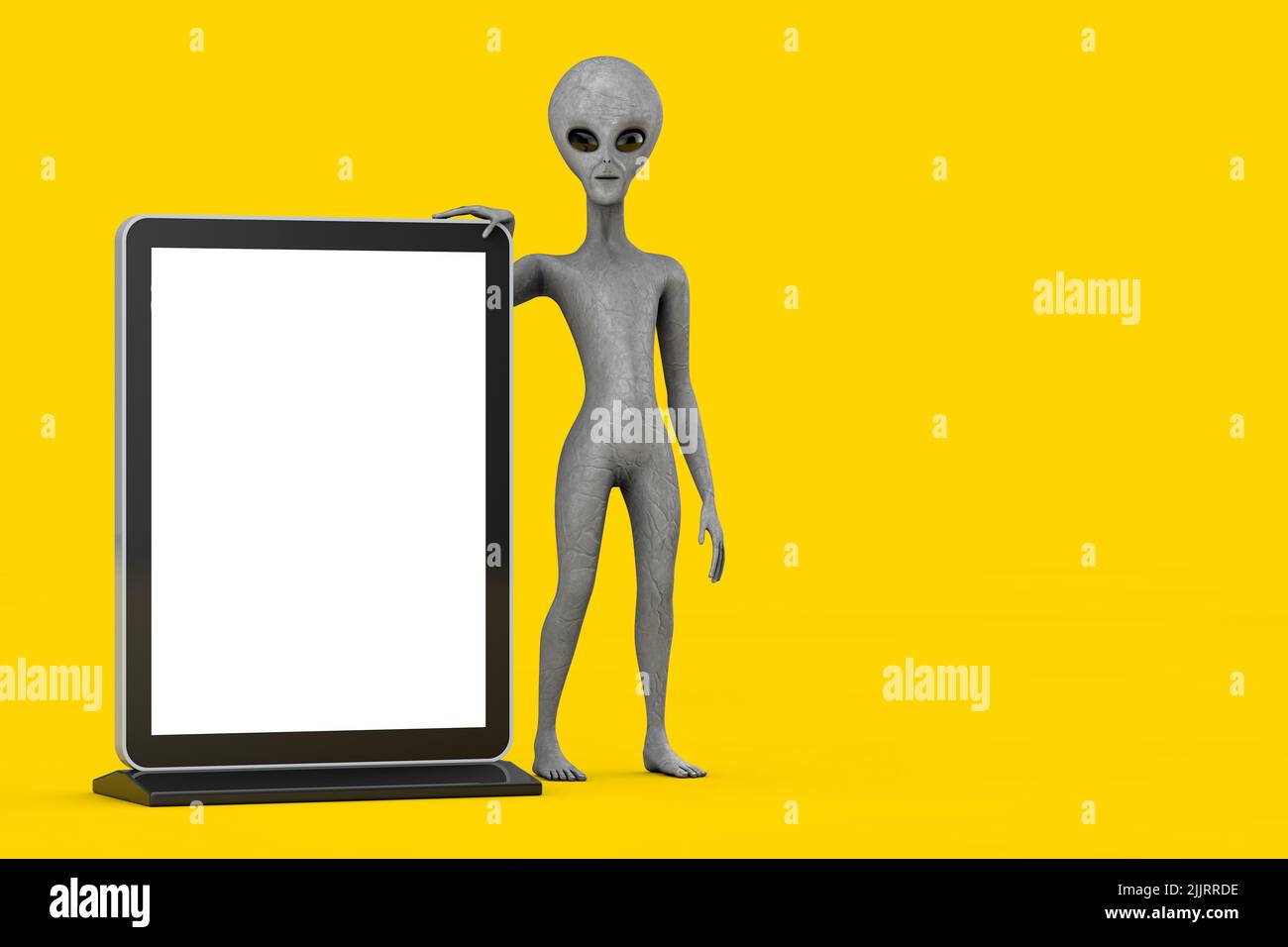 Scary Grey Humanoid Alien Cartoon Charakter Person Maskottchen mit Blank Trade Show LCD-Bildschirm-Display-Stand als Vorlage für Ihr Design auf einem gelben Hintergrund Stockfoto