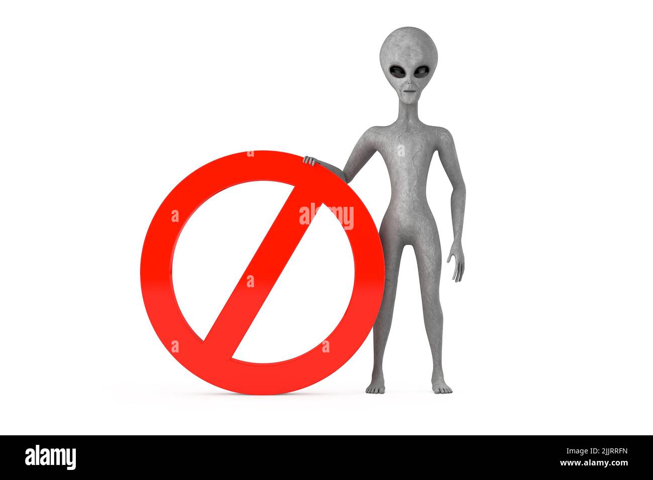 Scary Grey Humanoid Alien Cartoon Charakter Person Maskottchen mit rotem Verbot oder Verbotene Zeichen auf einem weißen Hintergrund. 3D Rendering Stockfoto