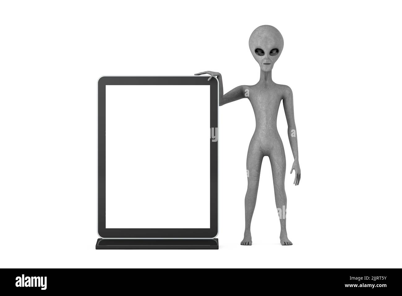 Scary Grey Humanoid Alien Cartoon Charakter Person Maskottchen mit Blank Trade Show LCD-Bildschirm-Display-Stand als Vorlage für Ihr Design auf einem weißen Backgr Stockfoto