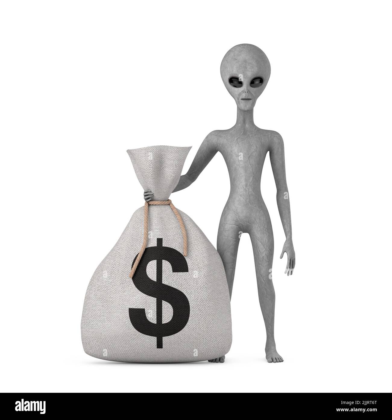 Scary Grey Humanoid Alien Cartoon Charakter Person Maskottchen und gebunden Rustikale Leinwand Leinen Geld Sack oder Geldbeutel mit Dollar-Zeichen auf einem weißen Hintergrund. Stockfoto