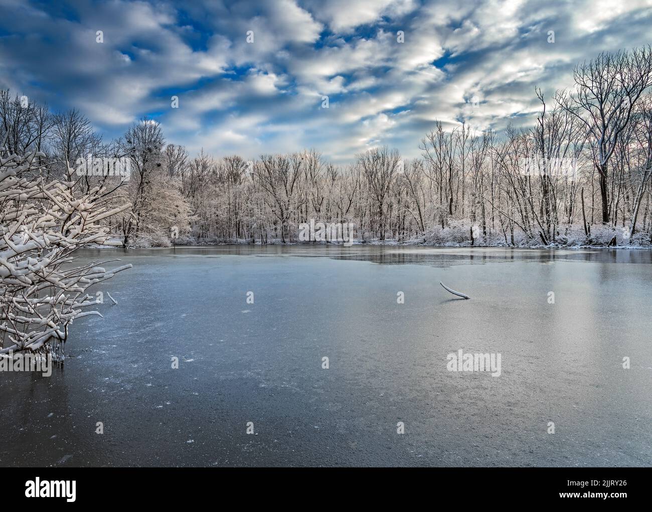 Eine faszinierende Szene schneebedeckter Bäume, die sich auf dem gefrorenen Caperton Swamp Park in Kentucky spiegeln Stockfoto