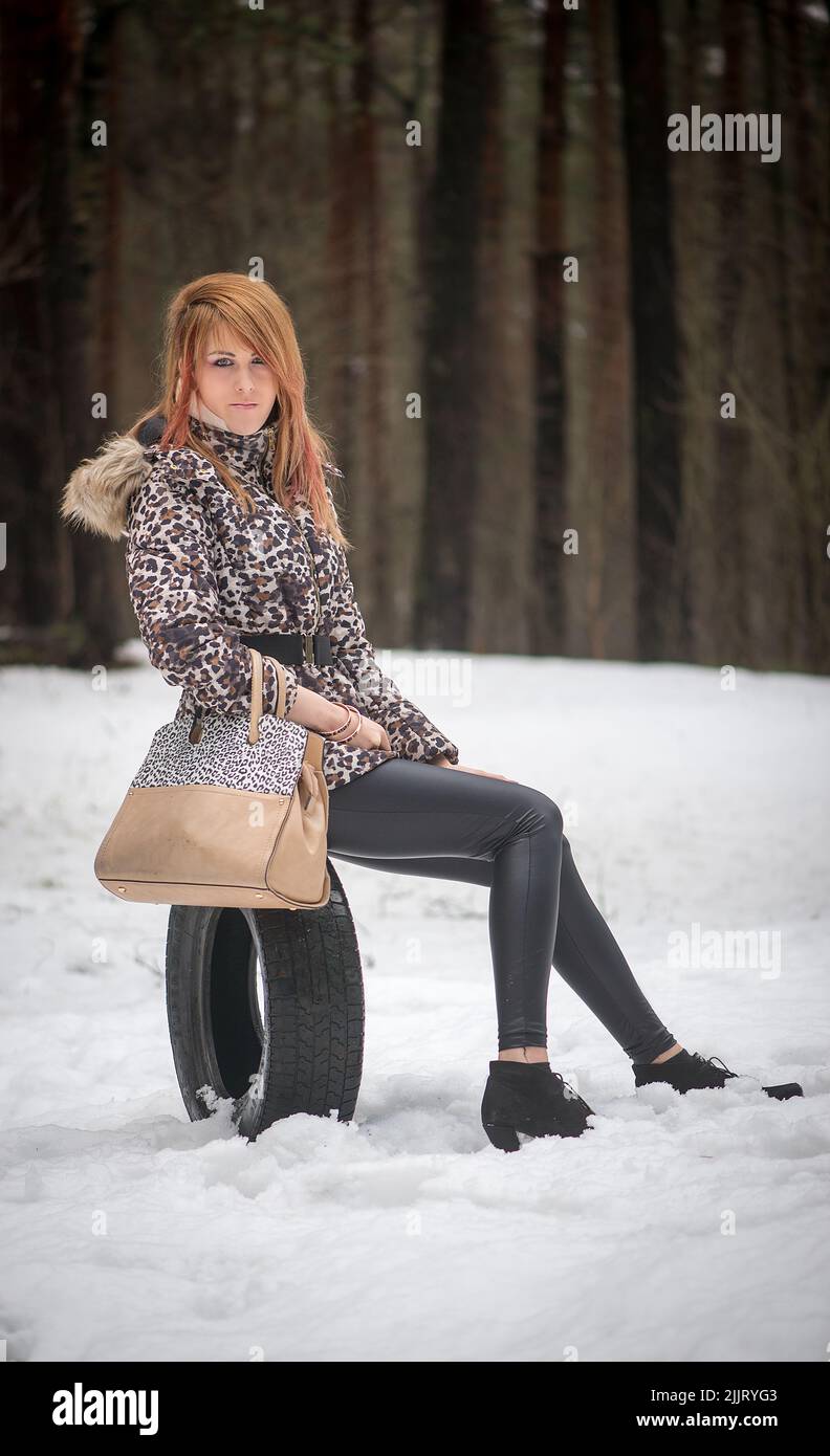 Eine kaukasische junge Frau, die einen Wintermantel mit Leopardenmuster trägt und auf einem Autoreifen in einem verschneiten Park sitzt Stockfoto