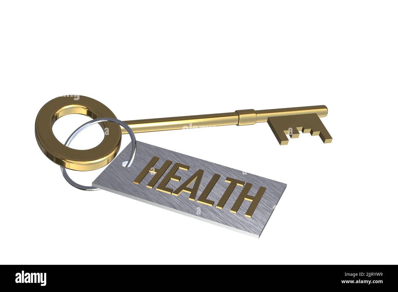 Schlüssel zum Gesundheitskonzept Gold 3D Schlüssel mit Schlüsselring-Tag mit Textworten Gesundheitskonzept isoliert auf weißem Hintergrund ausgeschnitten Stockfoto