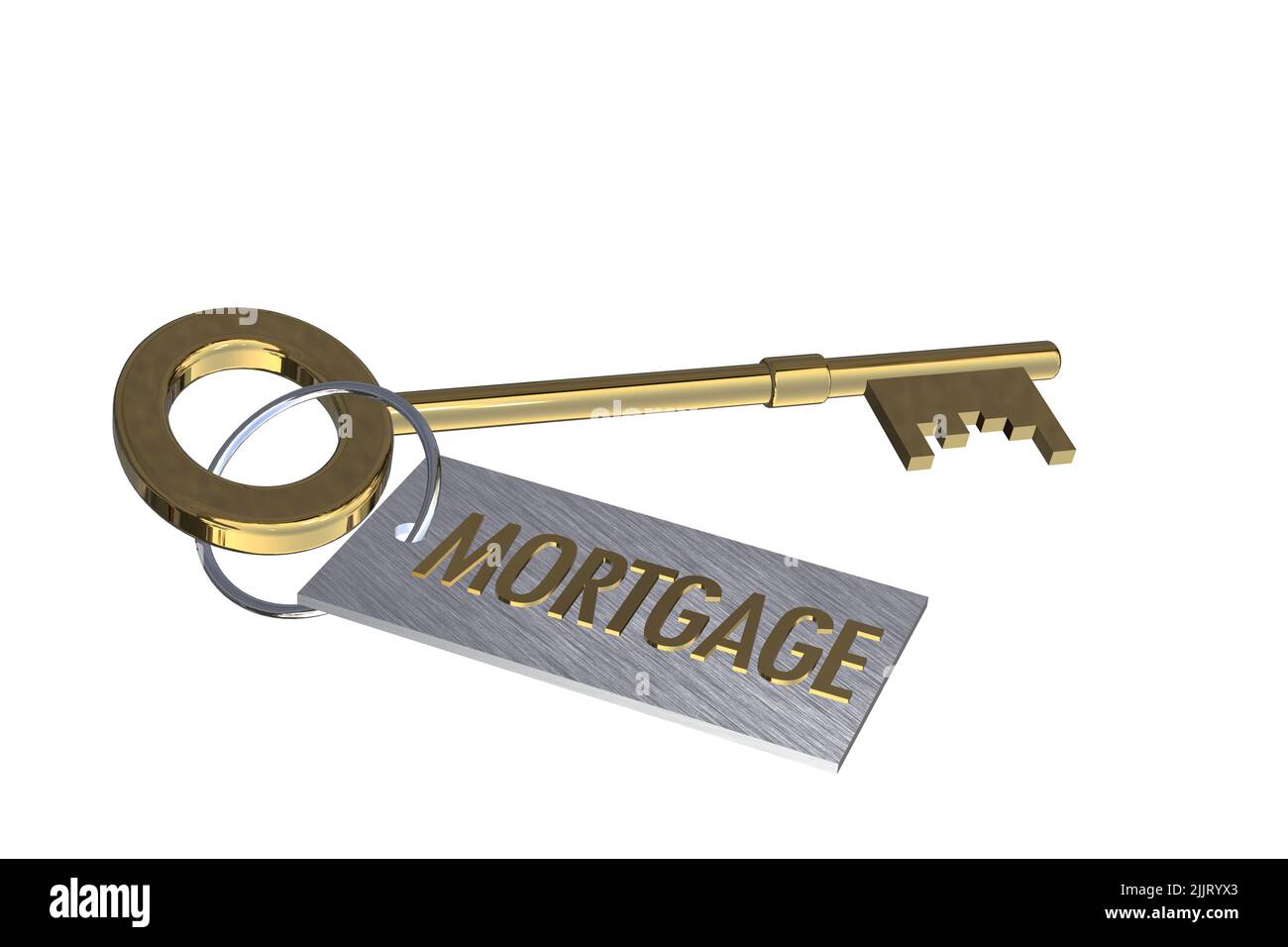 Schlüssel zum Hypothekenkonzept Gold 3D Schlüssel mit Schlüsselring-Tag mit Textworten Hypothekenkonzept isoliert auf weißem Hintergrund Stockfoto