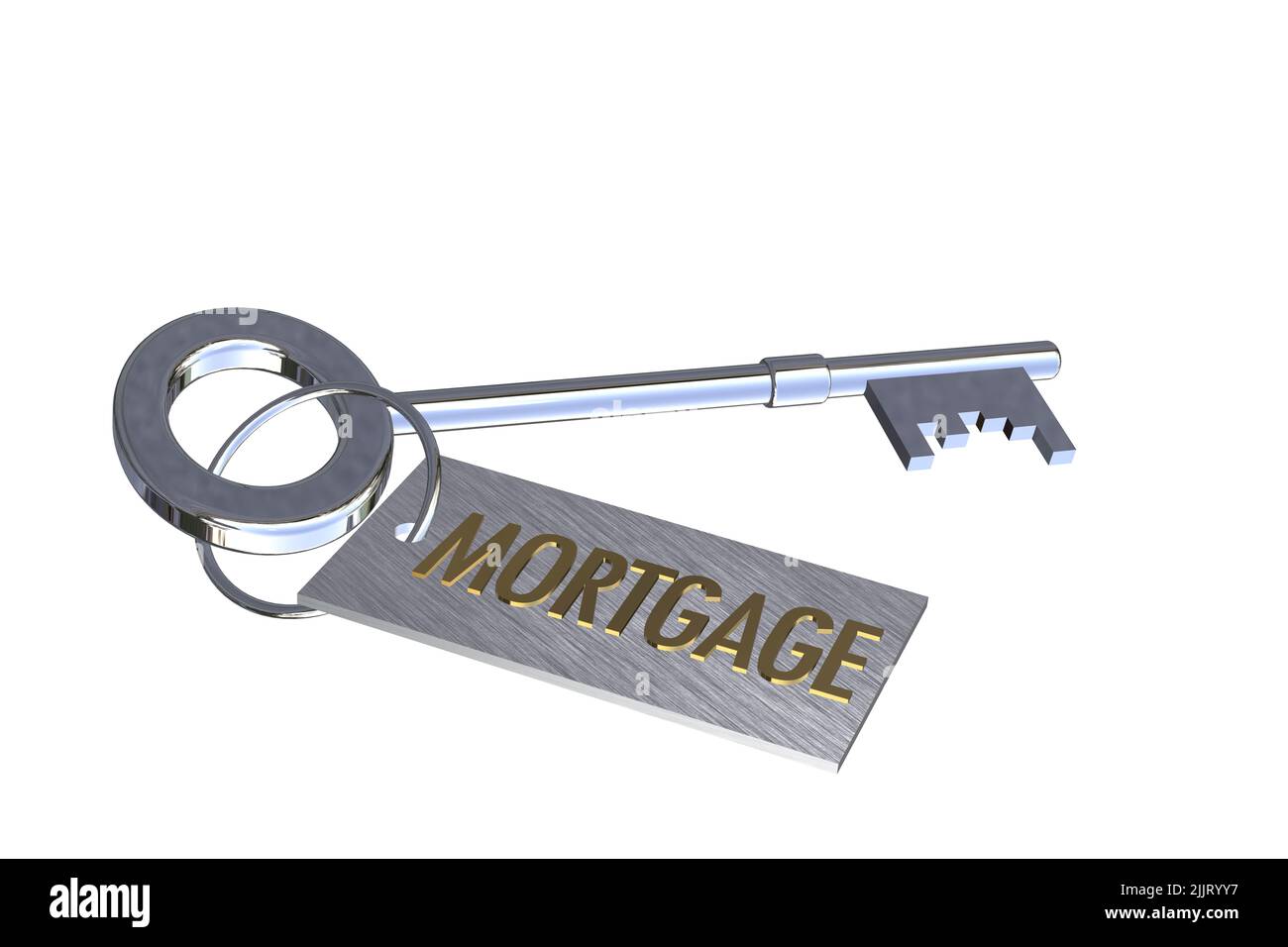 Schlüssel zum Hypothekenkonzept Silber 3D Schlüssel mit Schlüsselring-Tag mit Textworten Hypothekenkonzept isoliert auf weißem Hintergrund Stockfoto