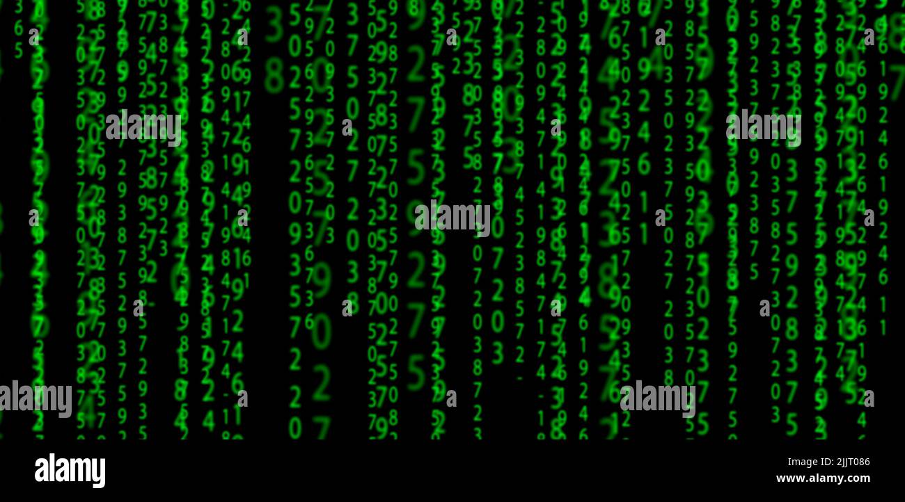 Matrix-Hintergrund. Grüne abstrakte Zahlen für den Datencode auf schwarzem Hintergrund. Technologie, Cyberpunk, Netzwerkkonzept. Hochwertige Illustration Stockfoto