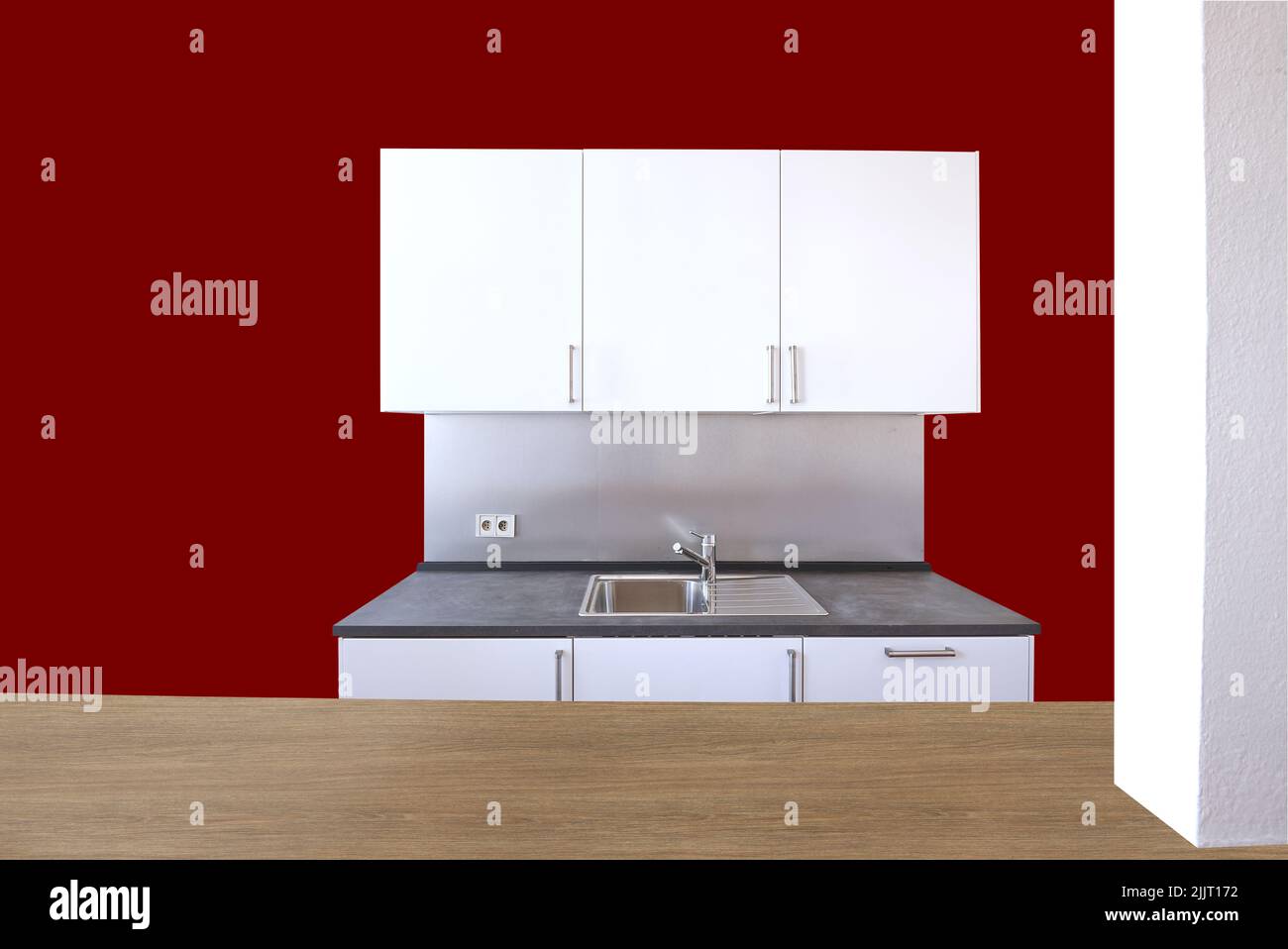 Minimalistische schwedische Möbel aus der Küche und Holztheke Stockfoto