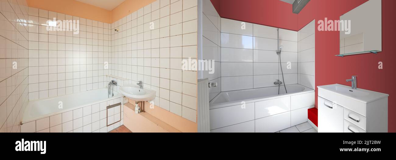 Renovierung eines Badezimmers vor und nach der im Querformat Stockfoto