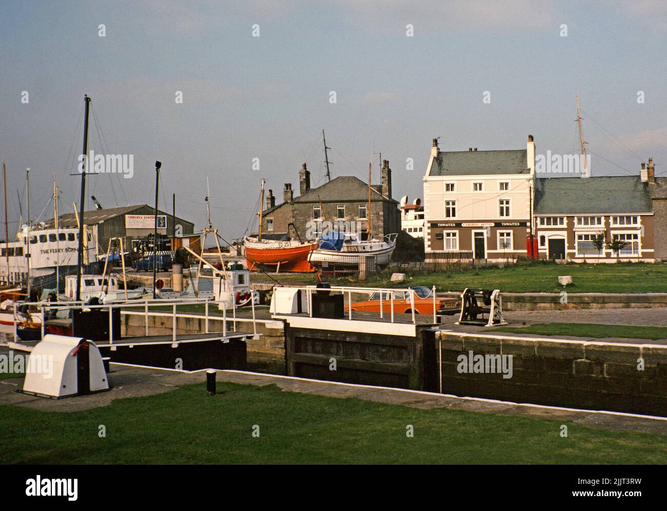 Schleusentore am Glasson Dock beim Pub Caribou Inn, Lancashire, England, Großbritannien 1977 Stockfoto