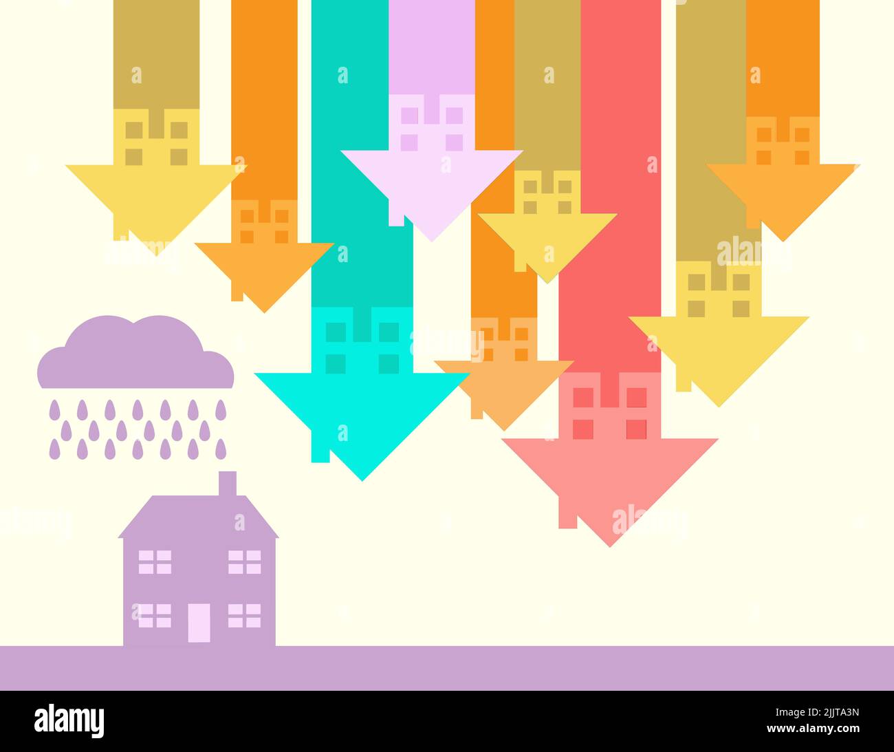 Pfeile in Form von nach unten zeigenden Häusern, eine Metapher für einen Abschwung der Häuserpreise. Stockfoto