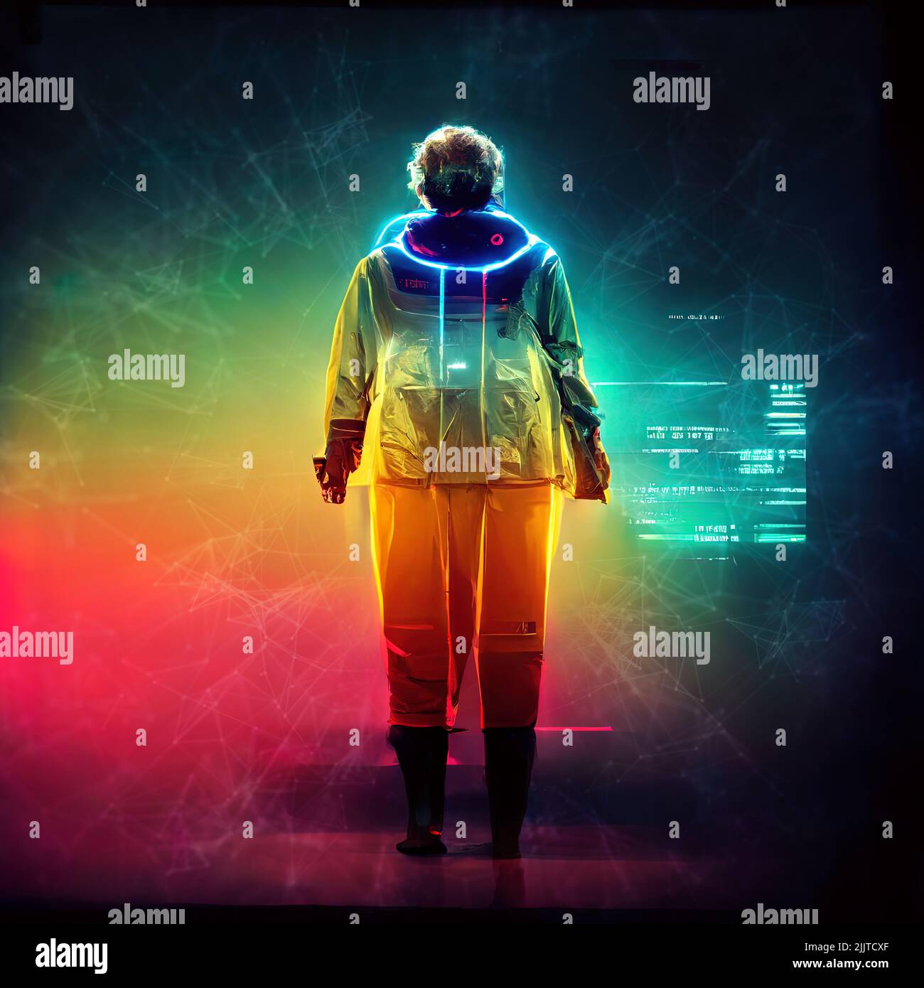 Futuristische Person im Meta-Universum-Netzwerk mit einem bunten Hintergrund; ; Stockfoto