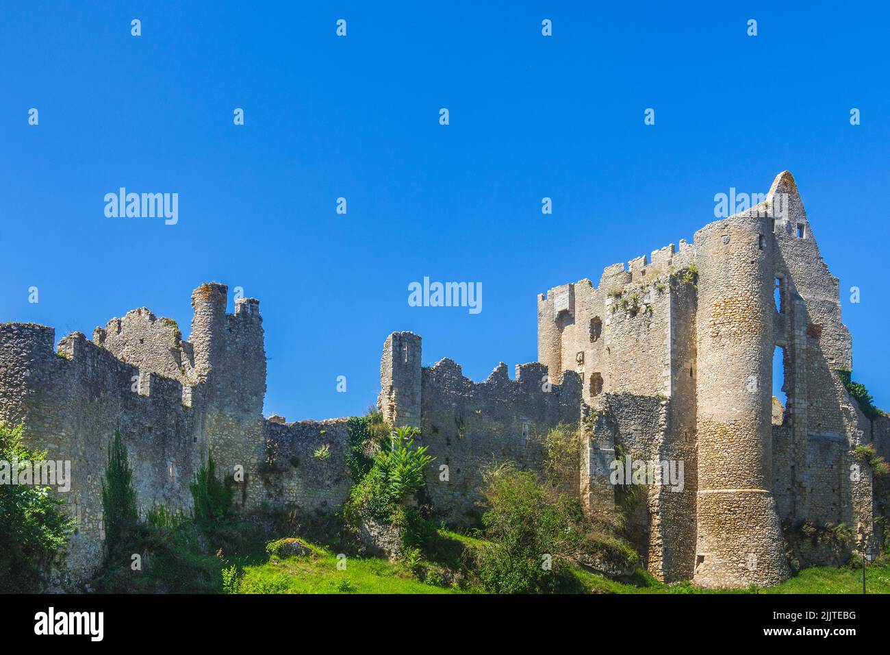 Burgruine aus dem 11.. Jahrhundert auf einem Felsvorsprung mit Blick auf Angles-sur-l'Anglin, Vienne (86), Frankreich. Stockfoto