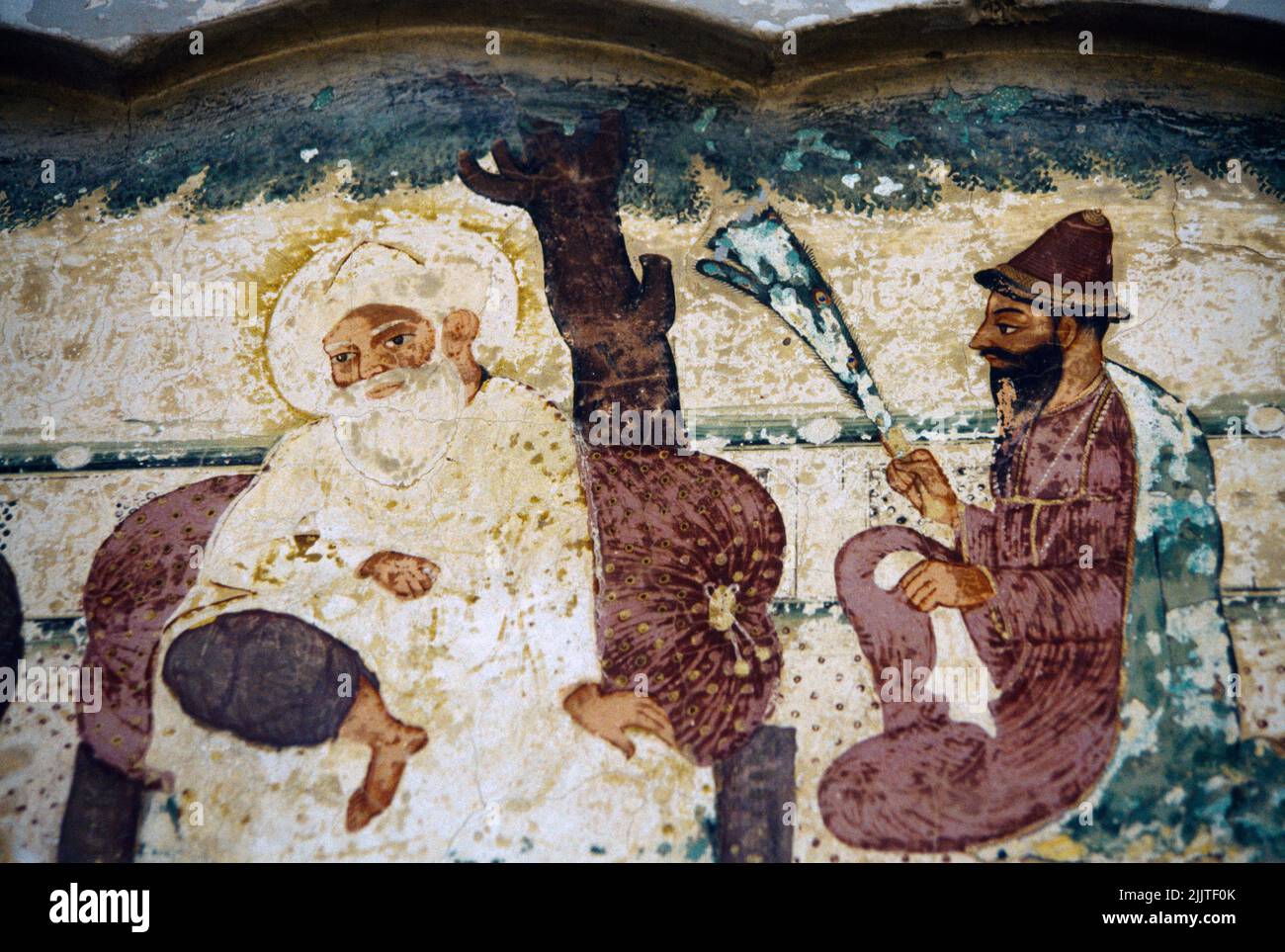 Amritsar India Sikh Fresko im Tea Warehouse mit Guru Nanak und dem hinduistischen Bala Stockfoto