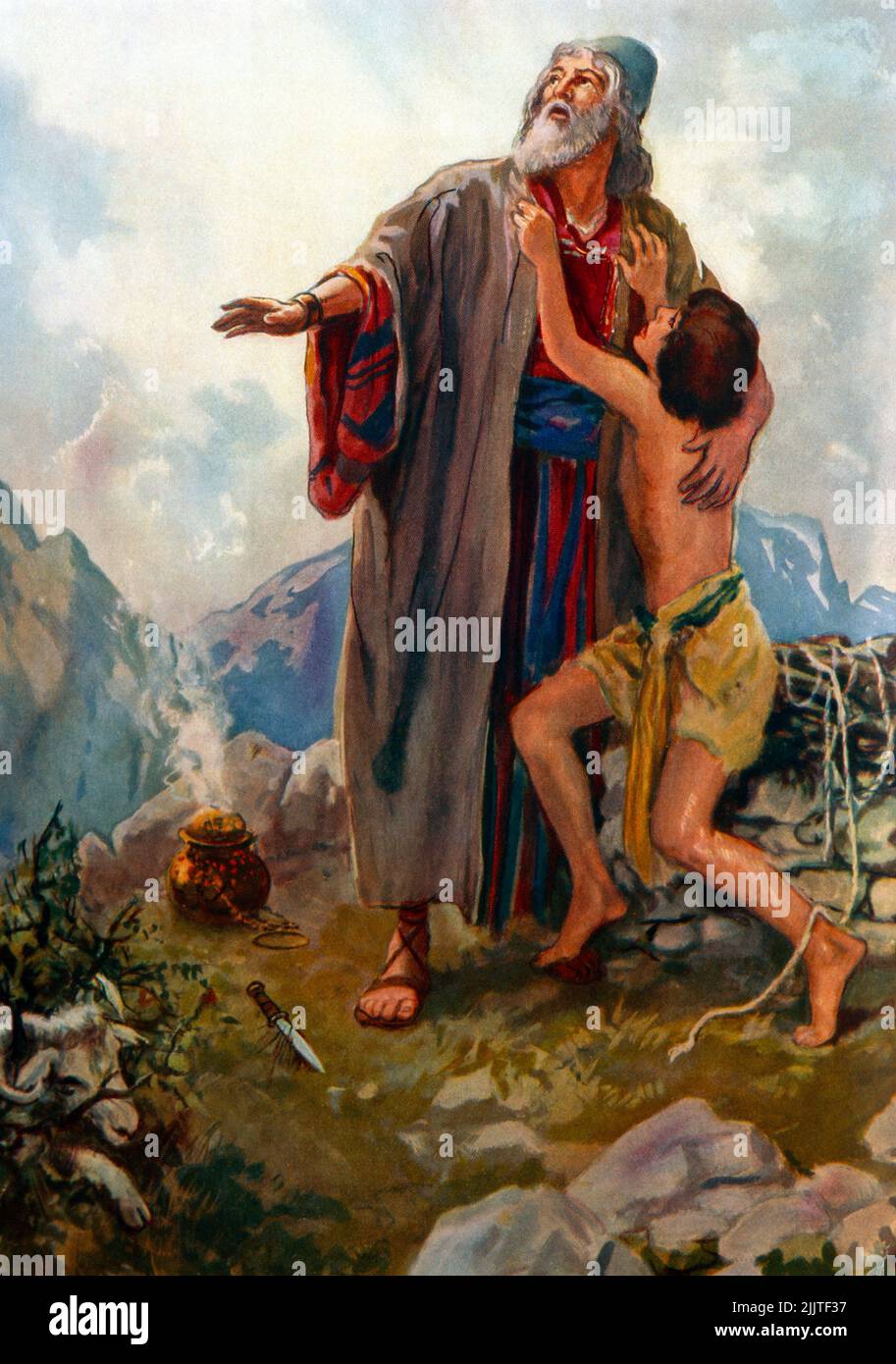 Die Botschaft Gottes sagt Abraham, dass er Isaac Painting von Henry Coller Bible Story nicht opfern soll Stockfoto