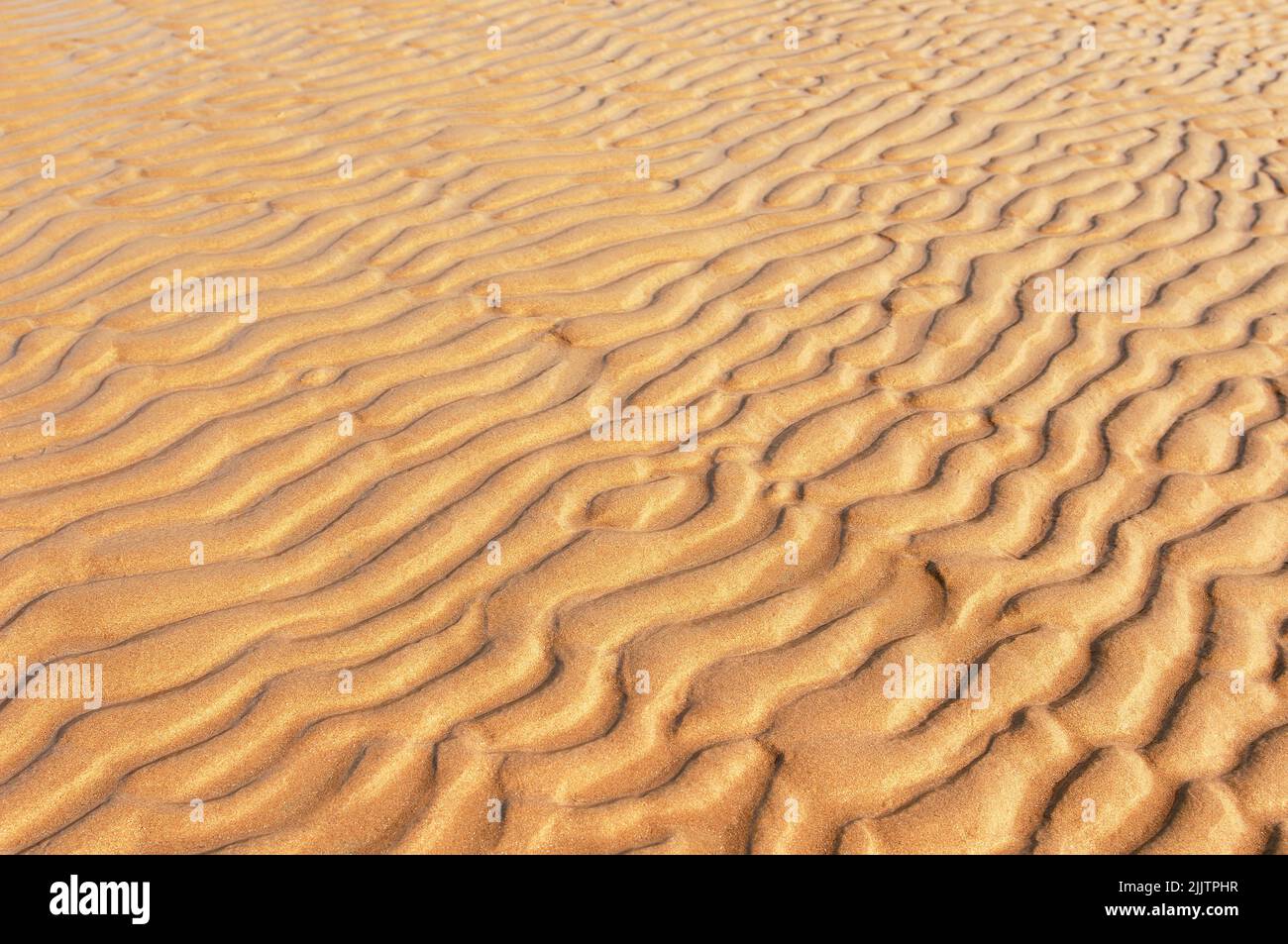 Windmuster am Strand. Natürlicher Hintergrund von Sand in Wellenform Stockfoto