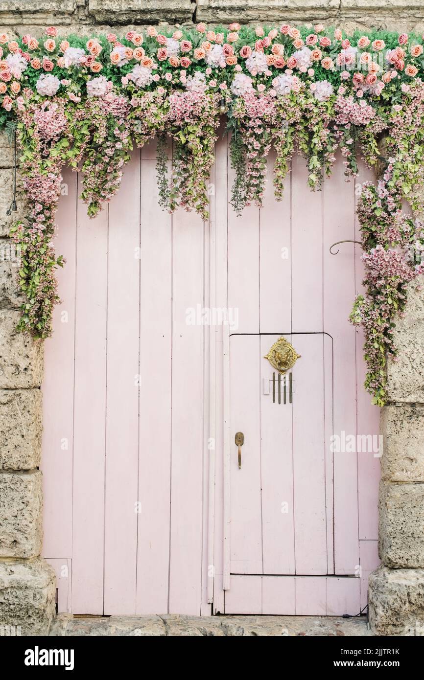 Eine vertikale Aufnahme einer schönen, pastellrosa Tür mit Blumenschmuck in Cartagena, Kolumbien Stockfoto