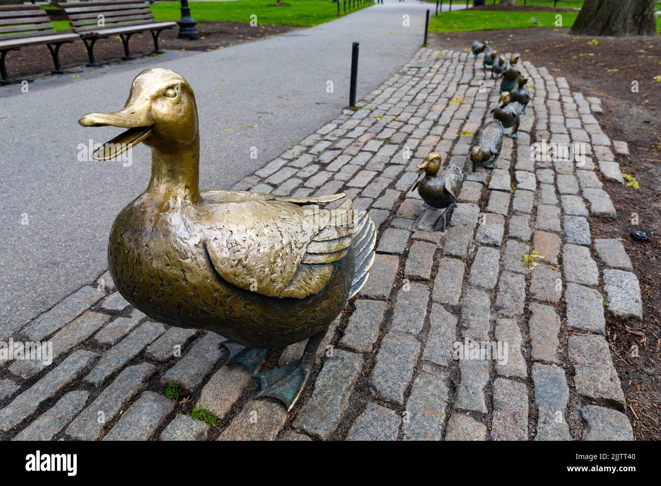 Statuen von Mutter Ente und ihren Entenküken, Geschichte aus Kinderbilderbüchern, geschrieben und illustriert von Robert McCloskey „Made way for Ducklings“. Nach Boston. Stockfoto