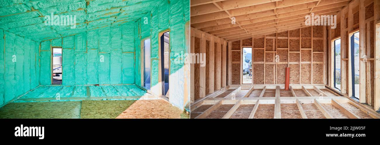 Fotocollage vor und nach Wärmedämmung Raum in Holzrahmen Haus im skandinavischen Stil Scheune Haus. Vergleich der Wände, die mit Polyurethanschaum besprüht wurden. Bau- und Isolierkonzept. Stockfoto