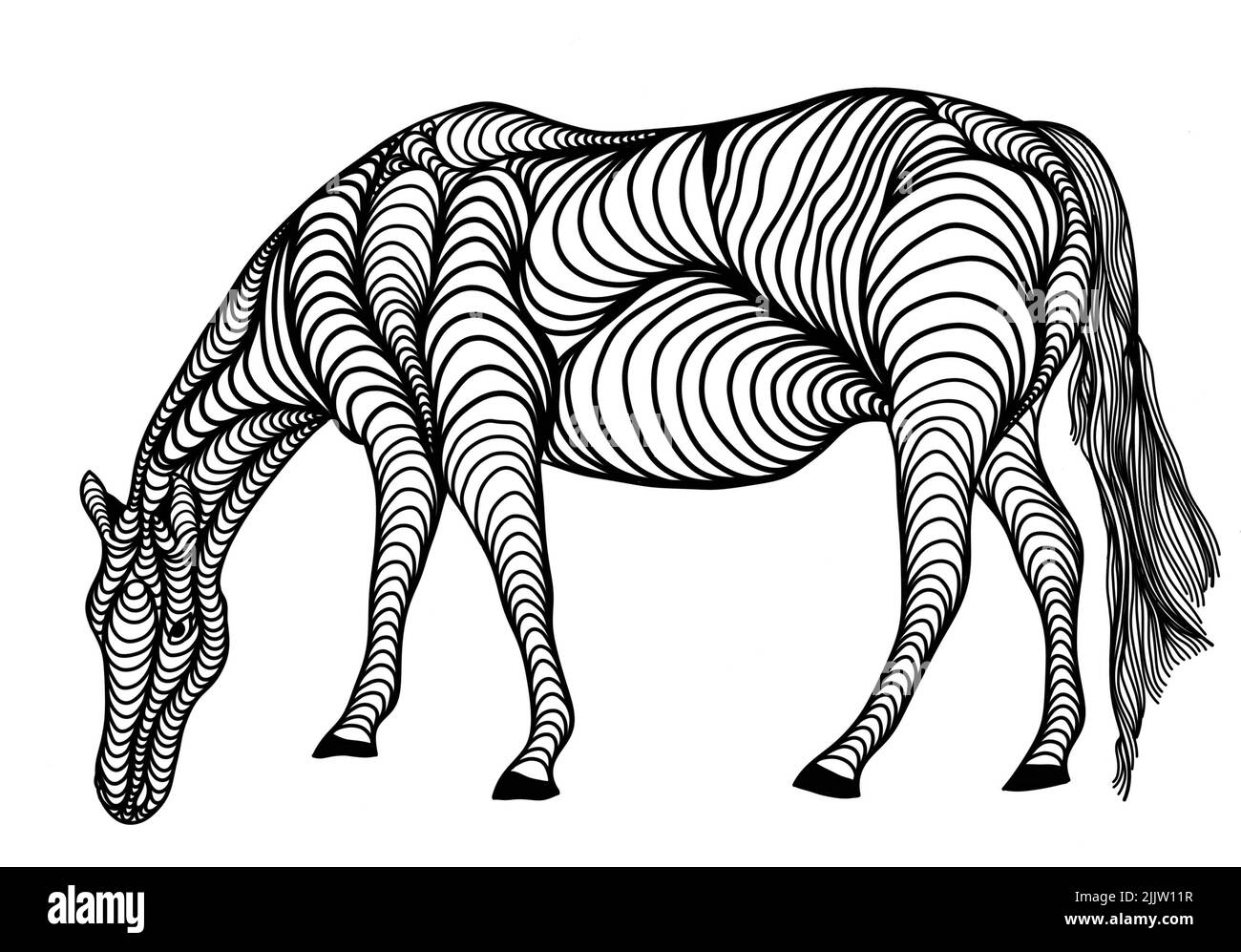 Eine einzigartige schwarz-weiße Linienkunst digitale Zeichnung eines Pferdes für Hintergrund, Logo und andere Illustrationen braucht Stockfoto