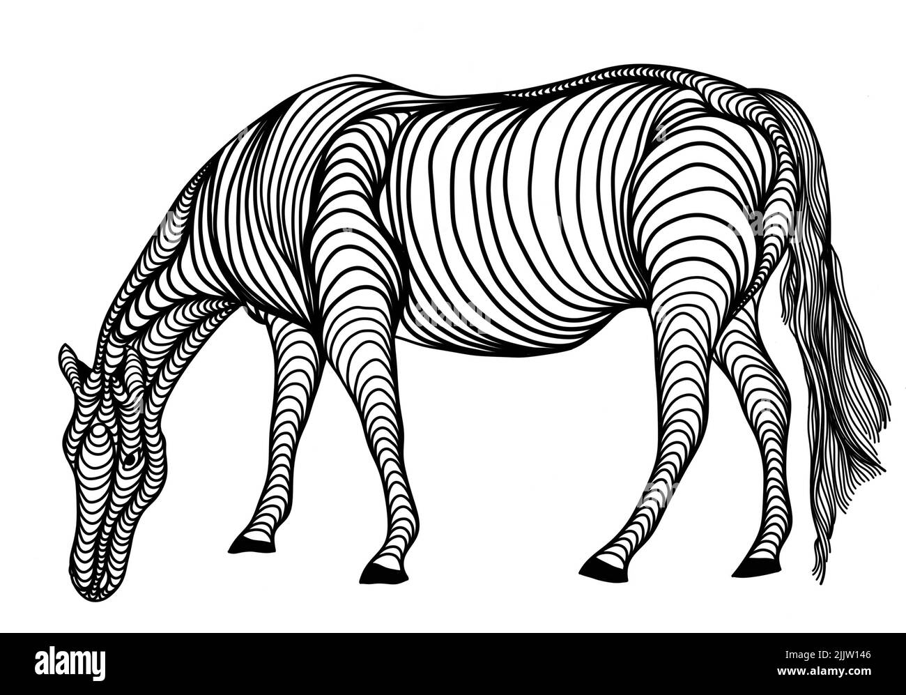 Eine einzigartige schwarz-weiße Linienkunst digitale Zeichnung eines Pferdes für Hintergrund, Logo und andere Illustrationen braucht Stockfoto