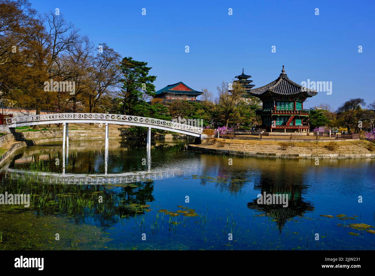 Corée du Sud, Séoul, Arrondissement Jongno-gu, palais de Gyeongbokgung oder palais de Gyeongbok, das als das Palais du Bonheur gilt, resplendissant Stockfoto