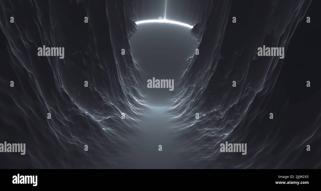Ein 3D Render Design eines dunklen unheimlichen Tunnels mit Licht am Ende Stockfoto