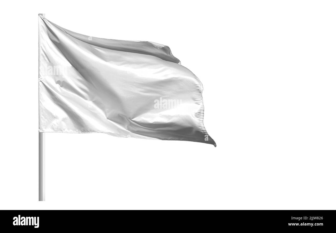 Flatternde weiße Fahne auf Fahnenmast isoliert auf weißem Hintergrund Stockfoto
