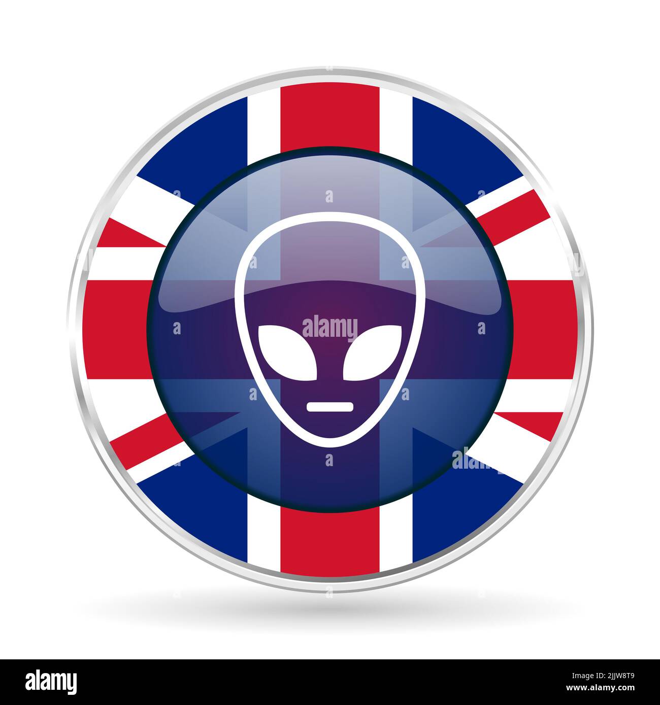 Alien Face britisches Design Web-Icon, runde glänzende englische Konzepttaste auf weißem Hintergrund Stockfoto