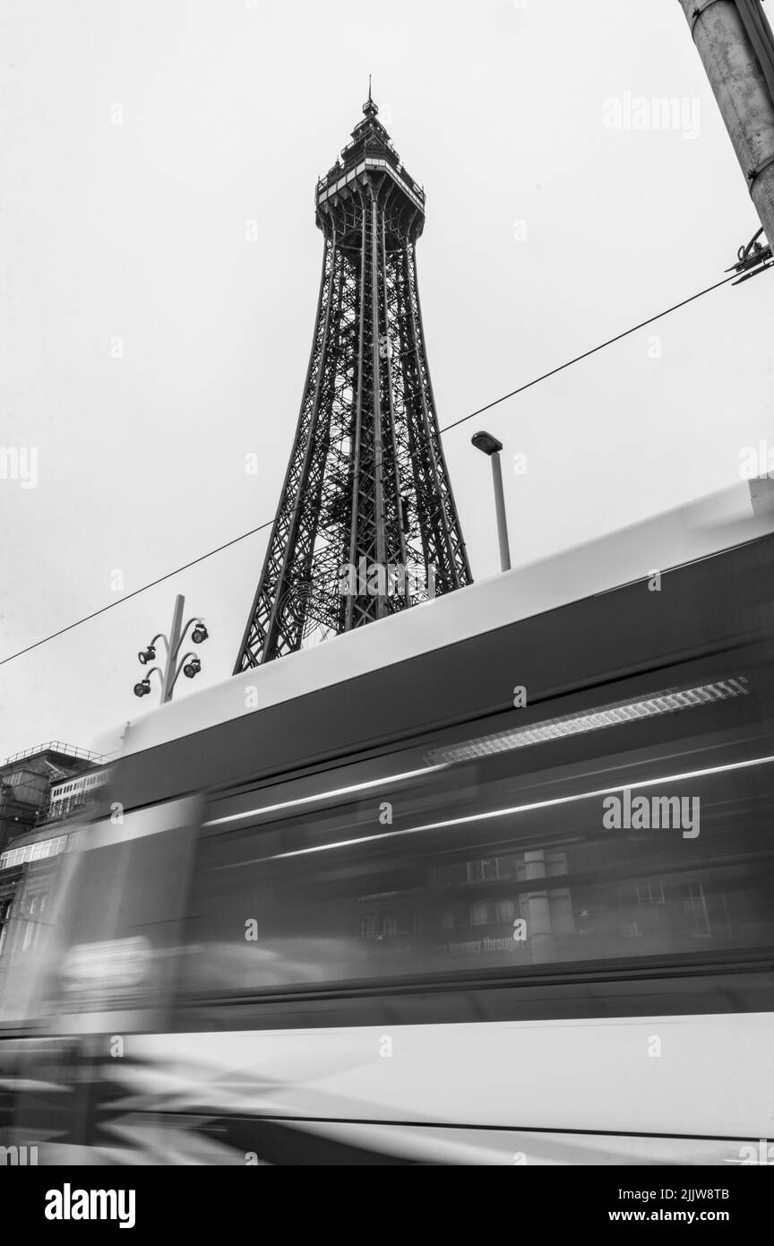 Eine schwarz-weiße Aufnahme des Blackpool Tower mit einer vorbeifahrenden Straßenbahn, Blackpool, England, Großbritannien Stockfoto