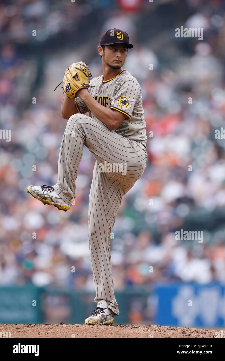 DETROIT, MI - 27. JULI: San Diego Padres startet den Pitcher Yu Darvish (11), der am 27. Juli 2022 im Comerica Park in Detroit, Michigan, gegen die Detroit Tigers antritt. (Foto: Joe Robbins/Image of Sport) Stockfoto